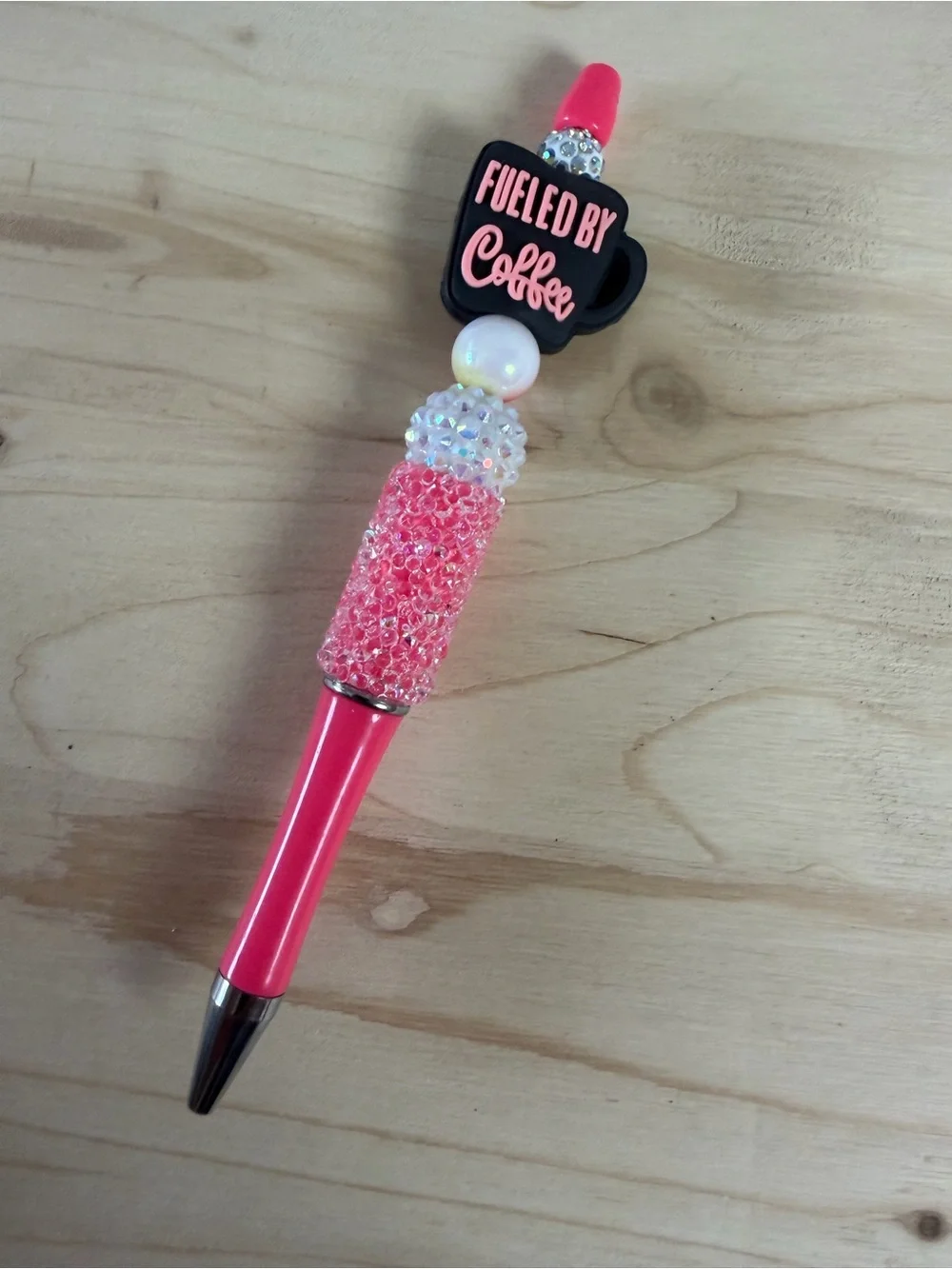 Fueled By Coffee Pink Decorative Pen - Glitter Beaded Ballpoint